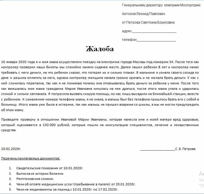 Написать жалобу на контролера в транспорте: образец